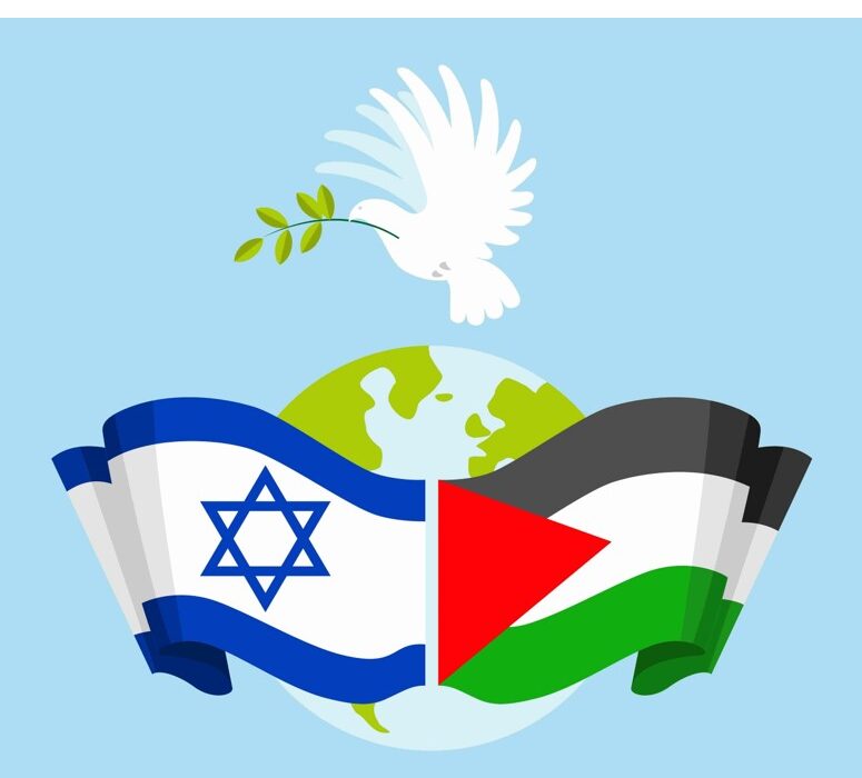 An Israel and Palestine flag in front of a globe with a dove flying overhead holding and olive branch in its beak. 